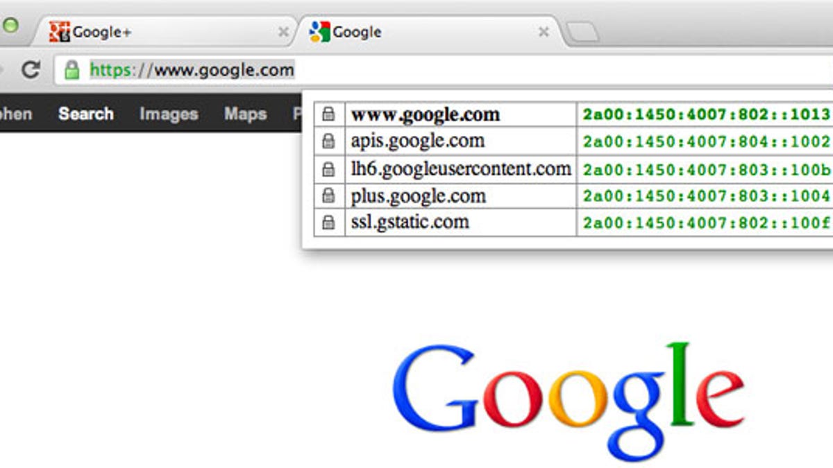 Google.com now is available over IPv6, as shown by these green entries that the IPvFoo Chrome extension displays.