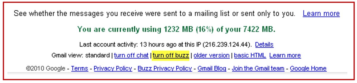 Disable Gmail Buzz