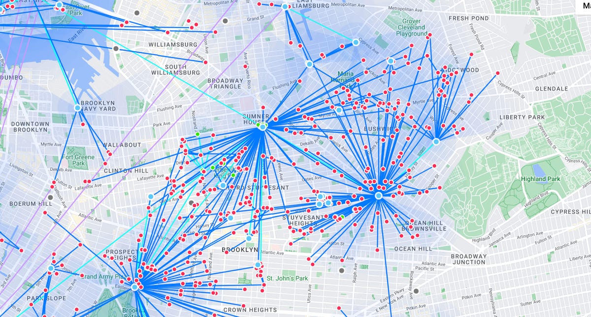 NYC mesh map in a section of brooklyn with bright blue hubs, blue lines and red nodes