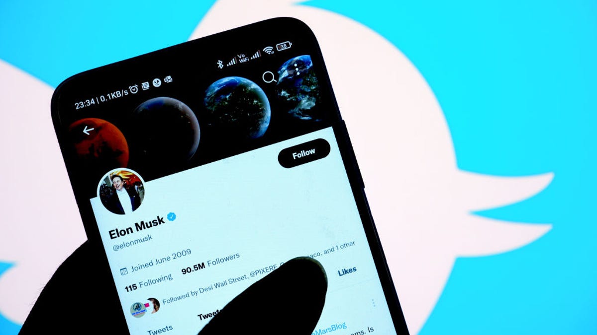 Elon Musk's Twitter profile in front of the Twitter logo