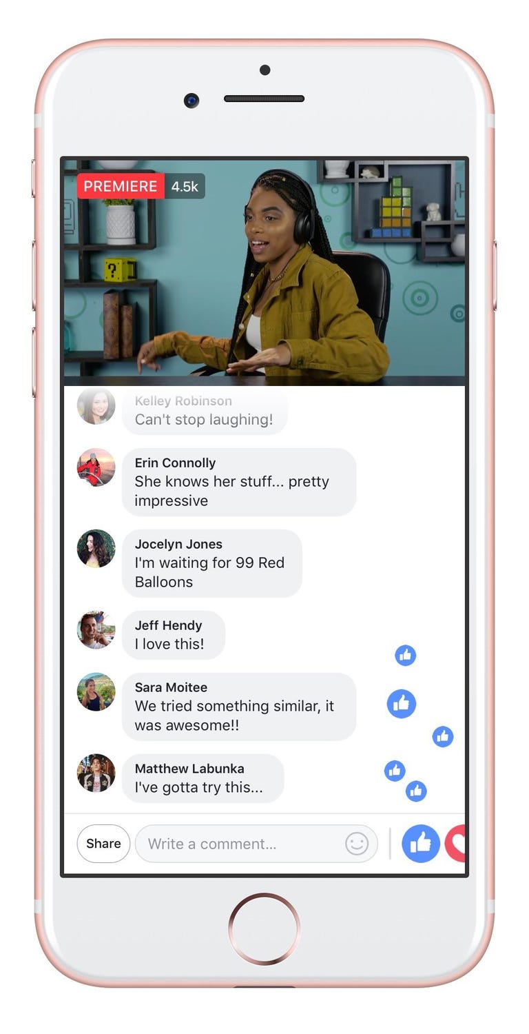 A Facebook Premieres video plays on an iPhone above a live chat conversation.