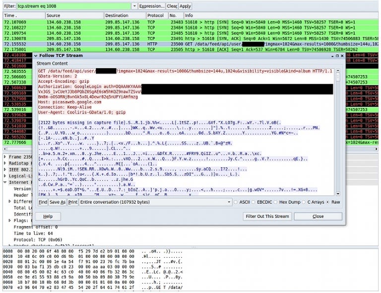 This is a screenshot of the Wireshark program sniffing out an authToken as an Android device accesses Picasa Web Albums.