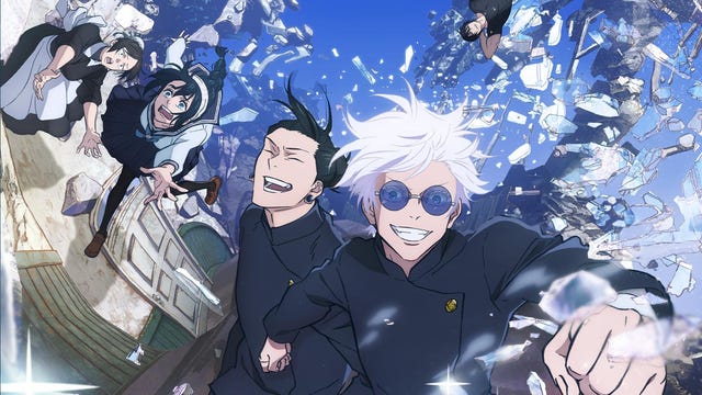 animated characters in Jujutsu Kaisen smile as they power through ice