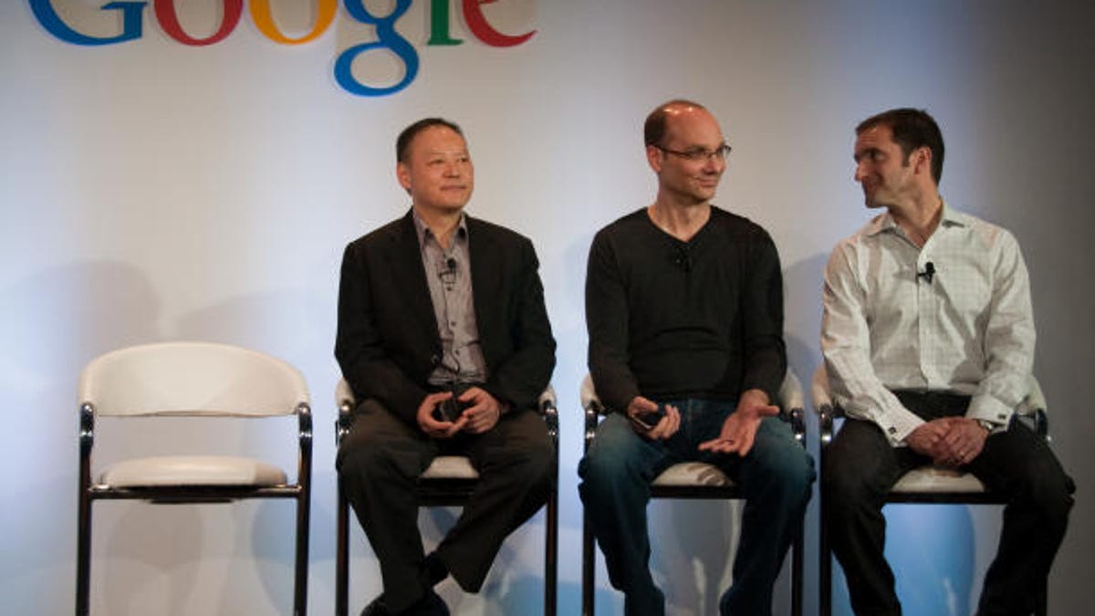 HTC&apos;s Peter Chou, who built the Nexus One for Google&apos;s Andy Rubin and Mario Quieroz (left to right) in happier times at the launch of the Nexus One in January.