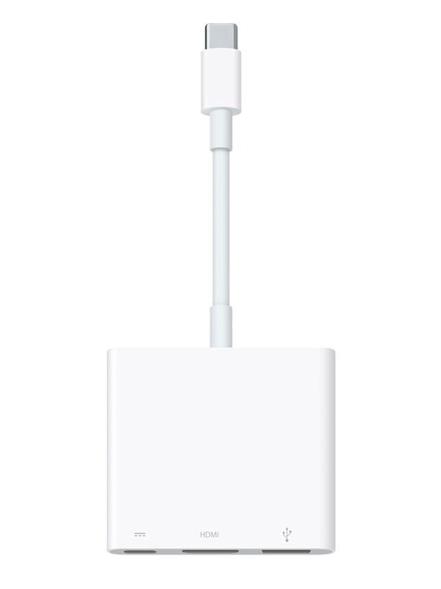 Apple's $79 USB-C Digital AV Multiport Adapter lets MacBook owners charge their machines while connecting to an HDMI display and a the Type A USB connectors common on today's PCs.