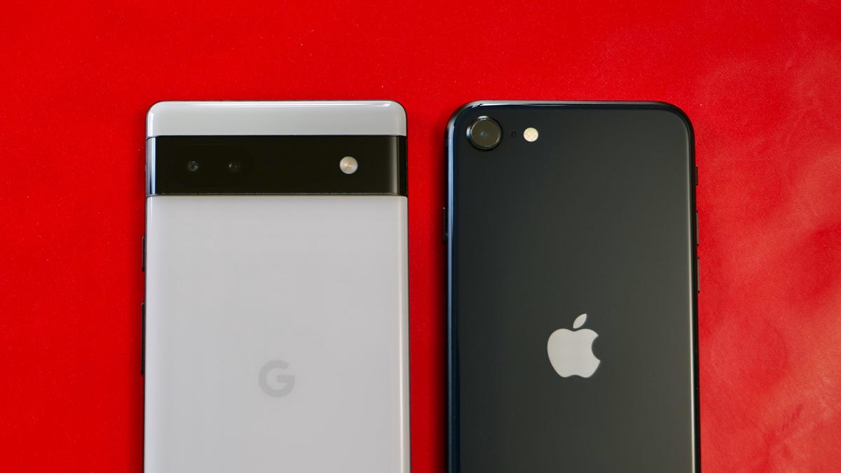 The Pixel 6A on the left and the iPhone SE on the right