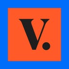 orange vestiaire collective logo on blue background