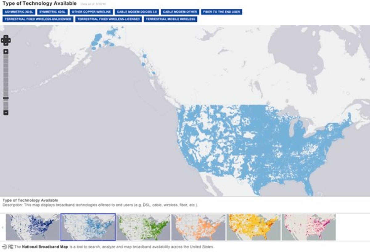 A view of broadband access in the contiguous 48 states, according to the National Broadband Map.