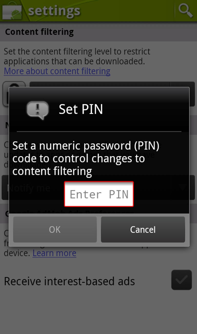 Android Market settings PIN