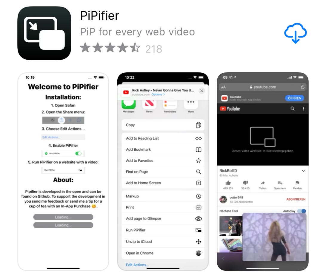 PiPifier's page in the App Store showing screenshots of the app