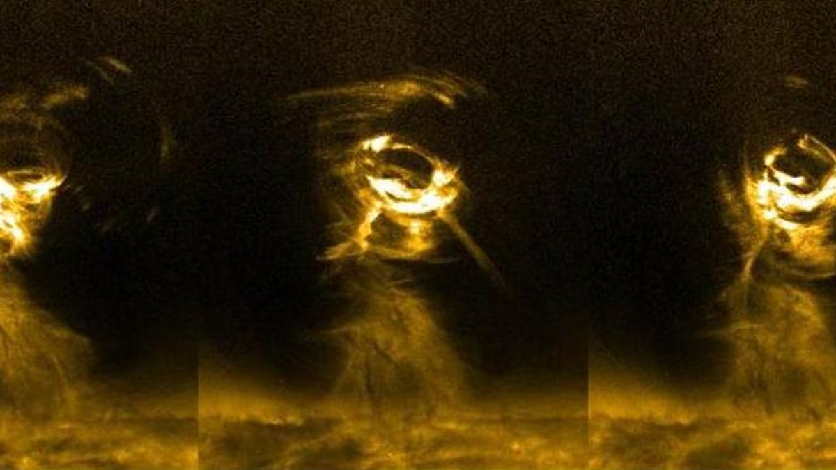 Images captured within one hour show the movement of a solar tornado which is thought to set off coronal mass ejections and solar storms.