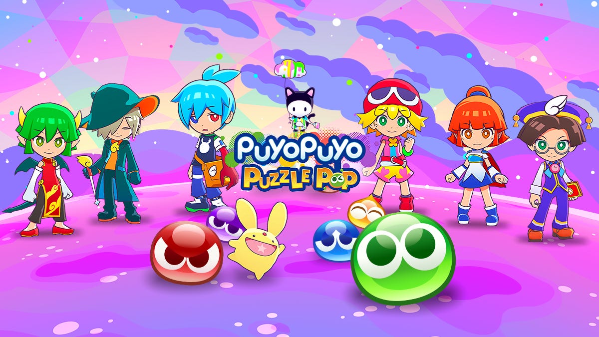 Puyo Puyo Puzzle Arte pop que muestra seis personajes diferentes y manchas de diferentes colores.