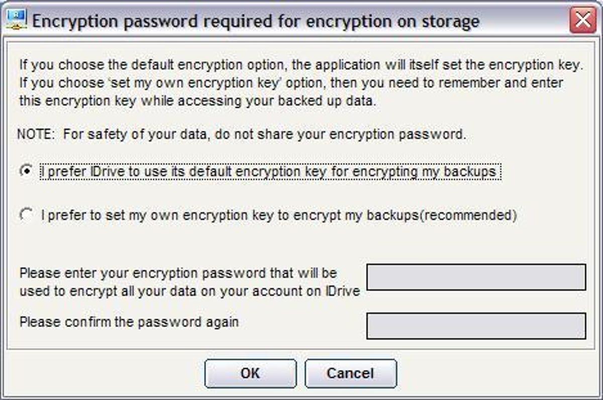 IDrive online-backup service encryption key selection