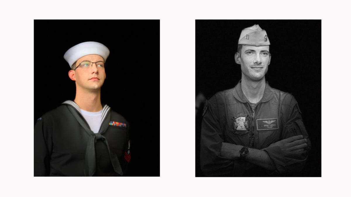 Two photos of individual sailors show off the Portrait Mode Stage Light effect (on the left) and the Stage Light Mono effect.