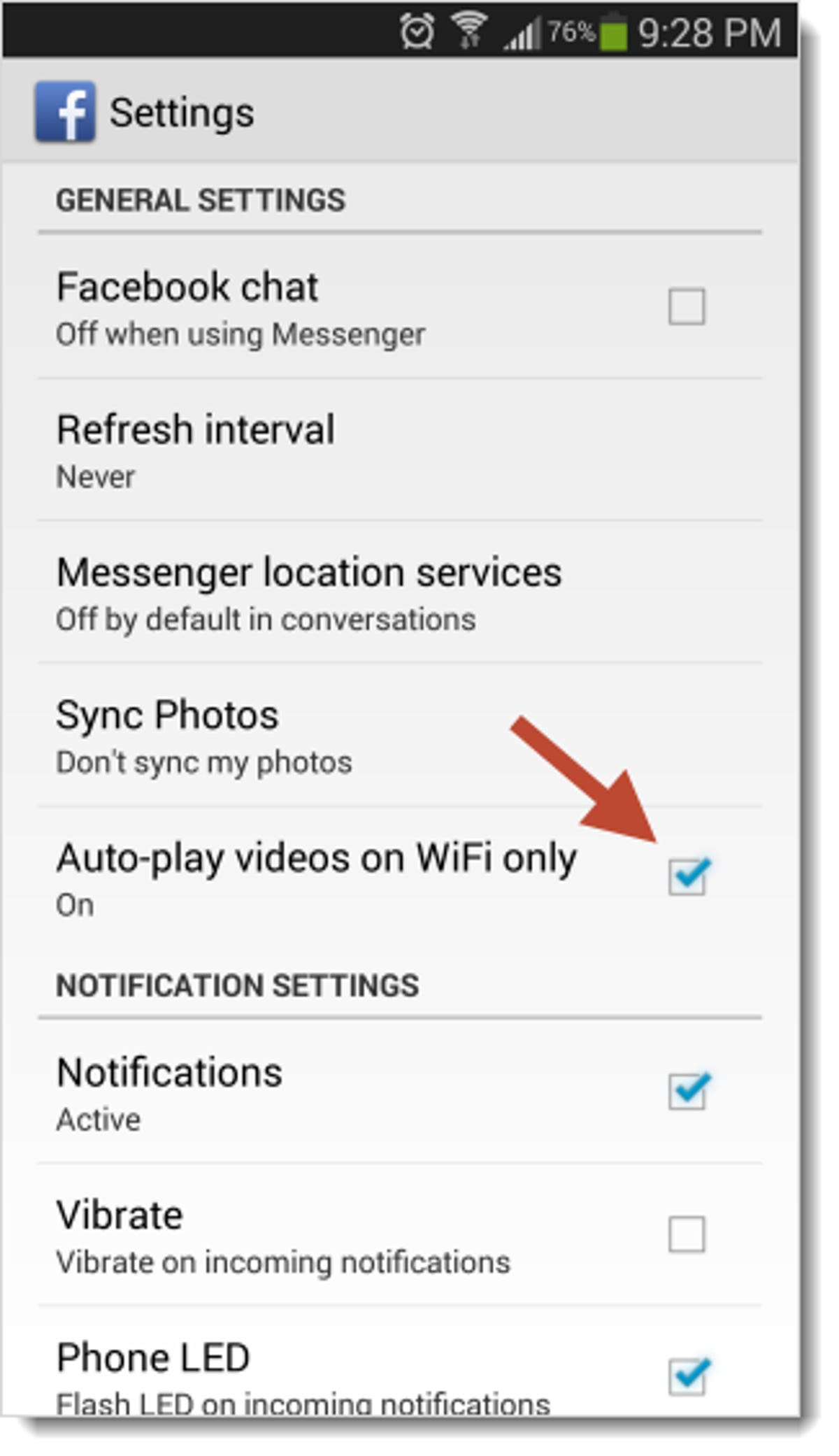 Facebook for Android autoplay setting