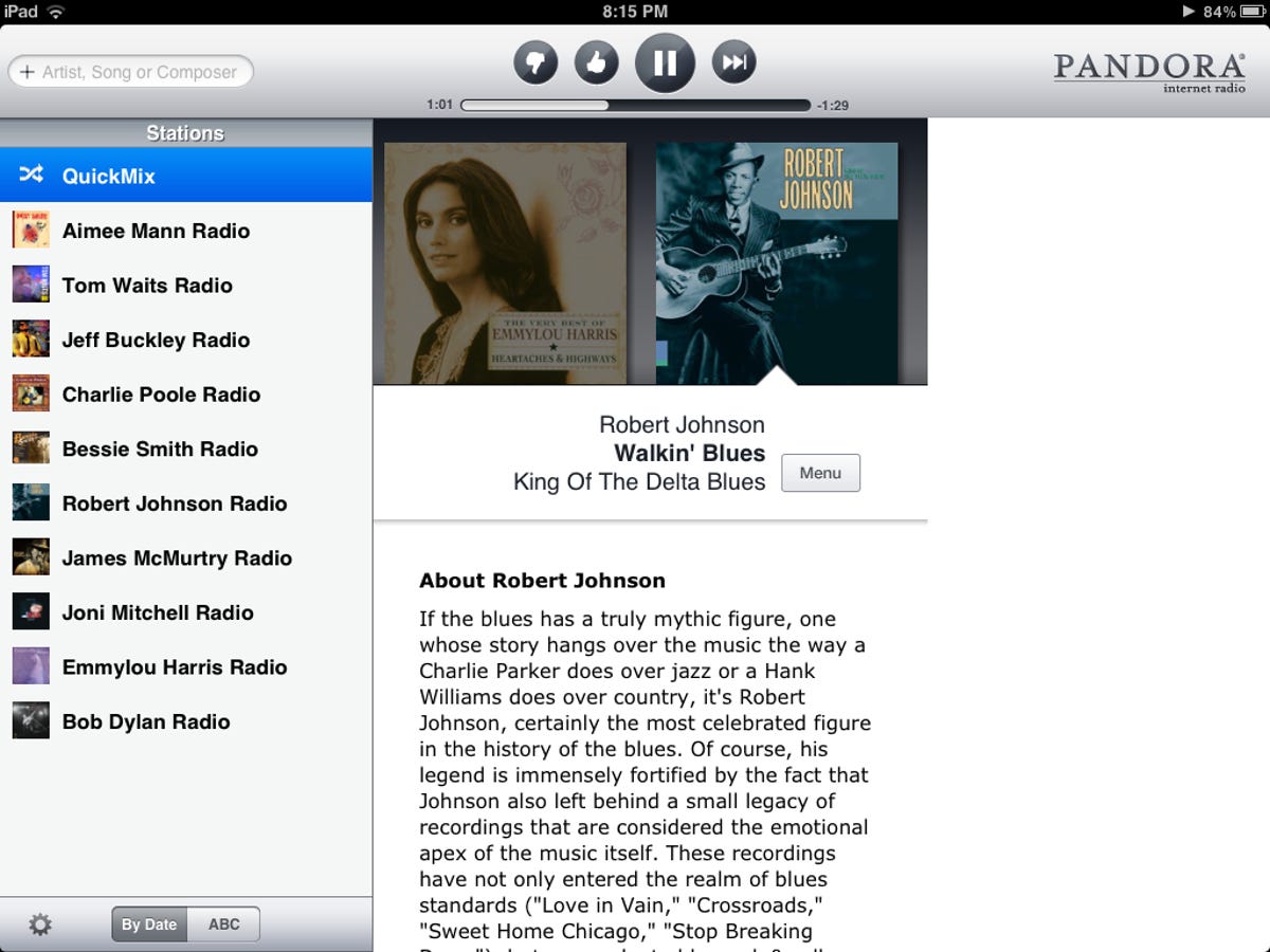 Pandora Internet radio iPad app