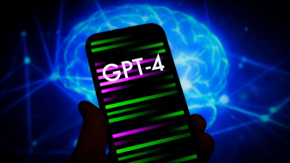 Phone screen showing "GPT-4" on a background of green and purple bars