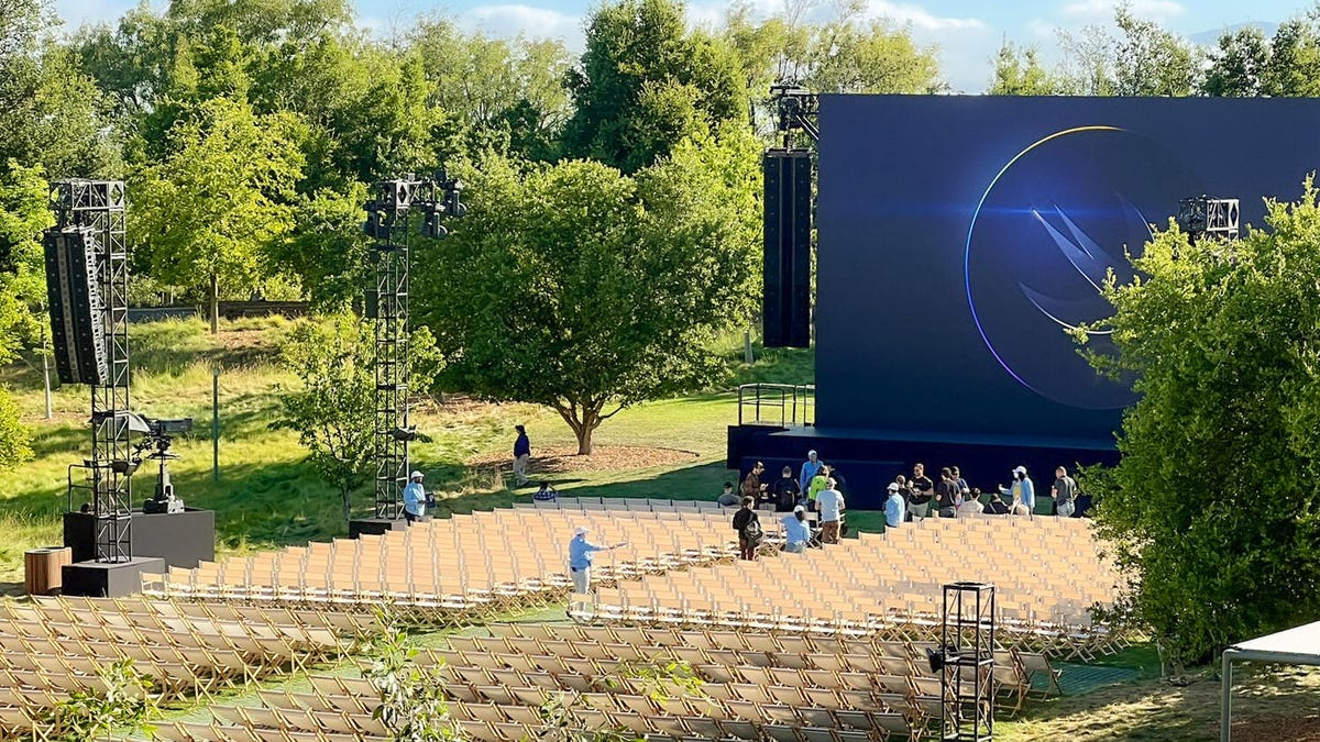 The stage and screen at Apple Park in Cupertino, California.
