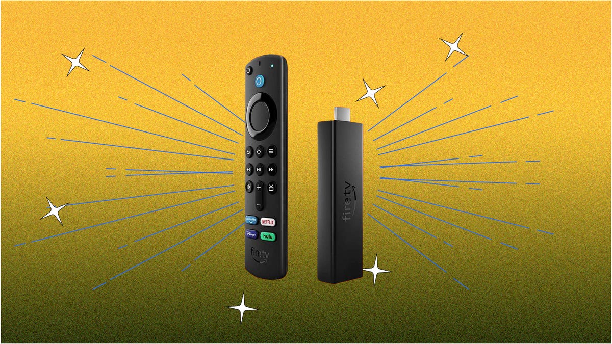 The Fire TV Stick 4K Max streaming stick and Alexa voice remote are displayed against an orange background.