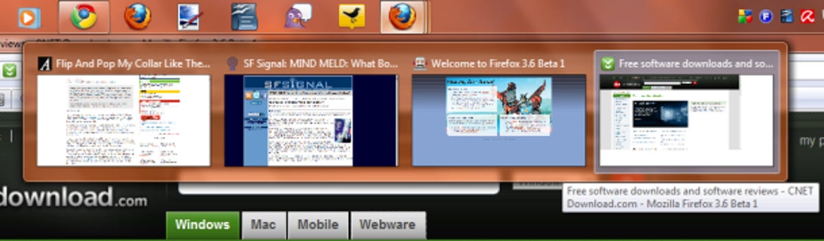 Aero Peek in Windows 7 lets the task bar show a glimpse of Firefox and IE tabs.
