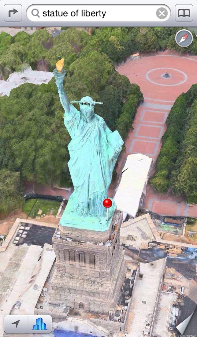New York's Statue of Liberty, a 3D landmark that was added to maps after iOS 6 was released.