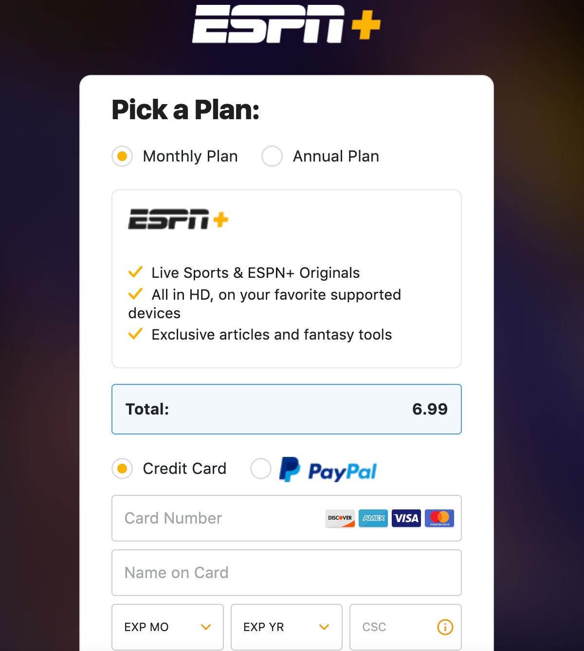 A screen asking for you to pick your plan and enter your credit card information.