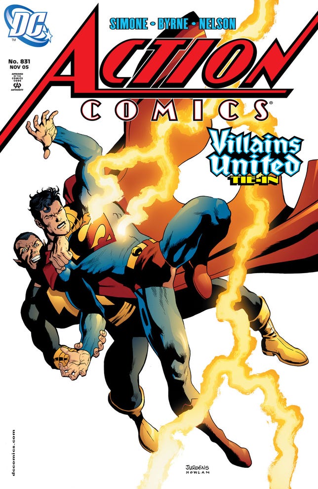 Black Adam grapples with Superman as lightning strikes on Action Comics 831's cover.