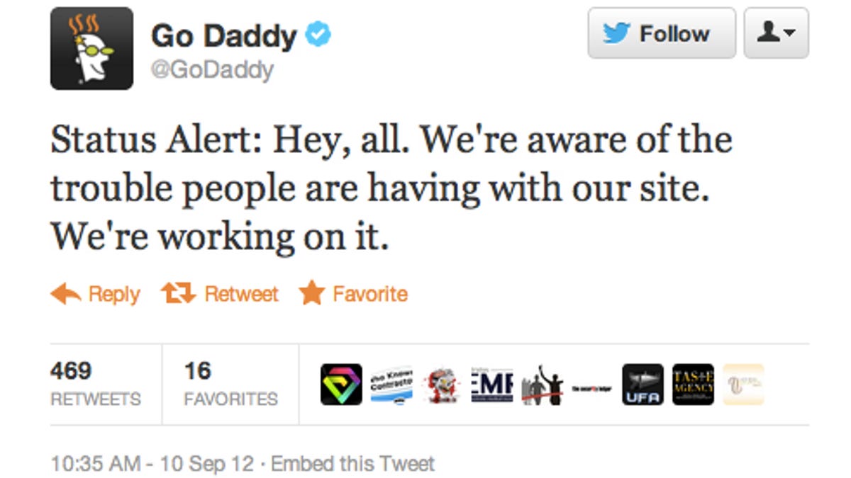 Go Daddy's Twitter account confirmed the outage.
