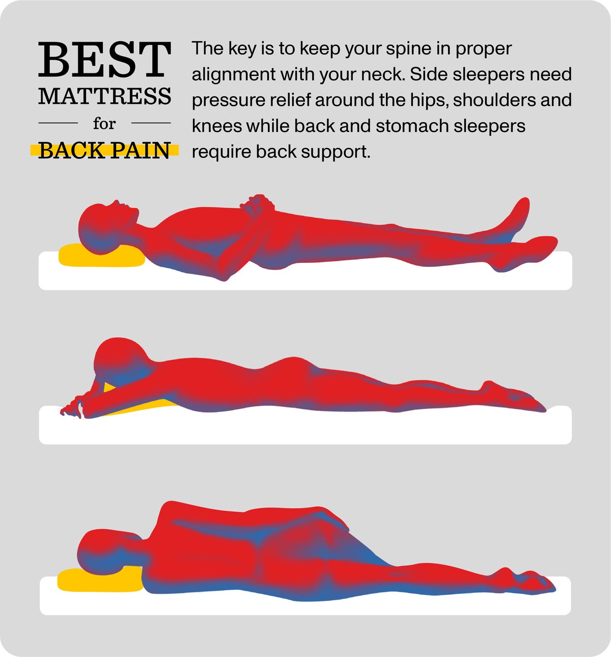 Best mattress for back pain graphic showing pressure points for different sleepers.