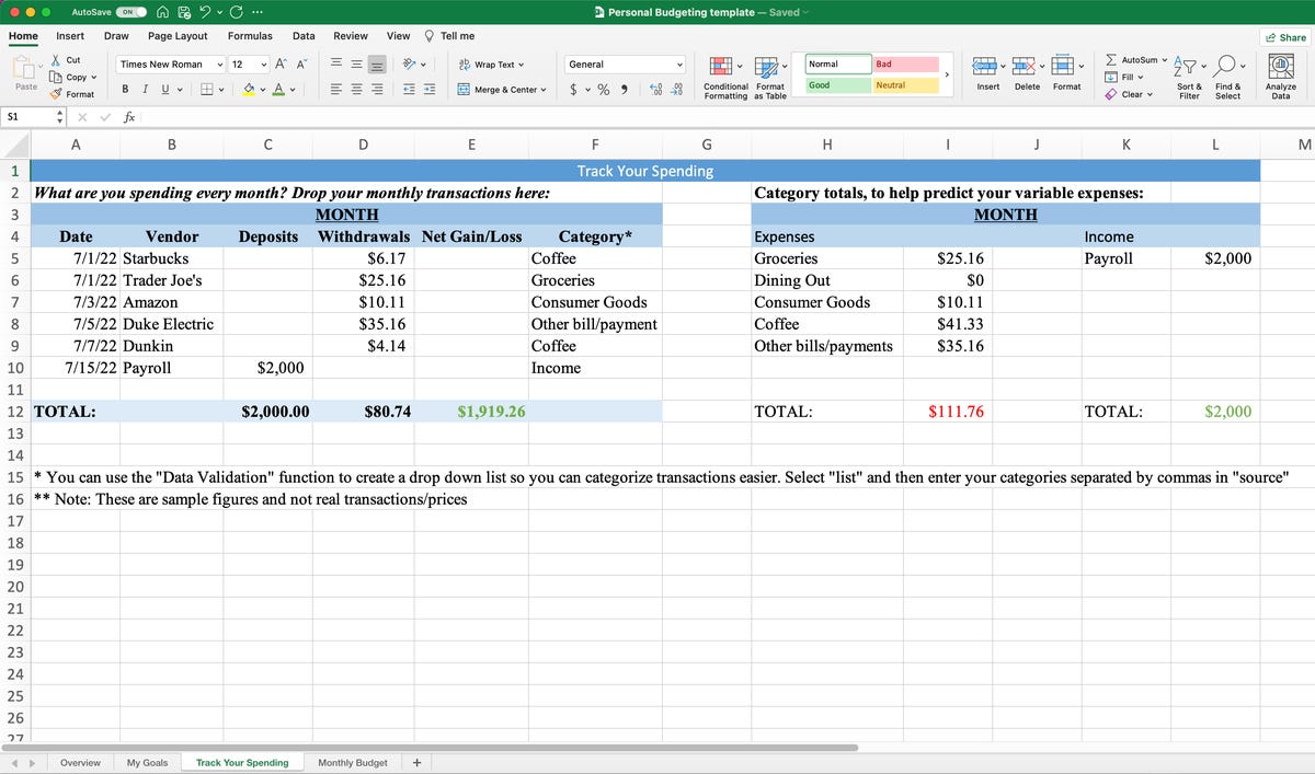 Screenshot of a spreadsheet tracking spending