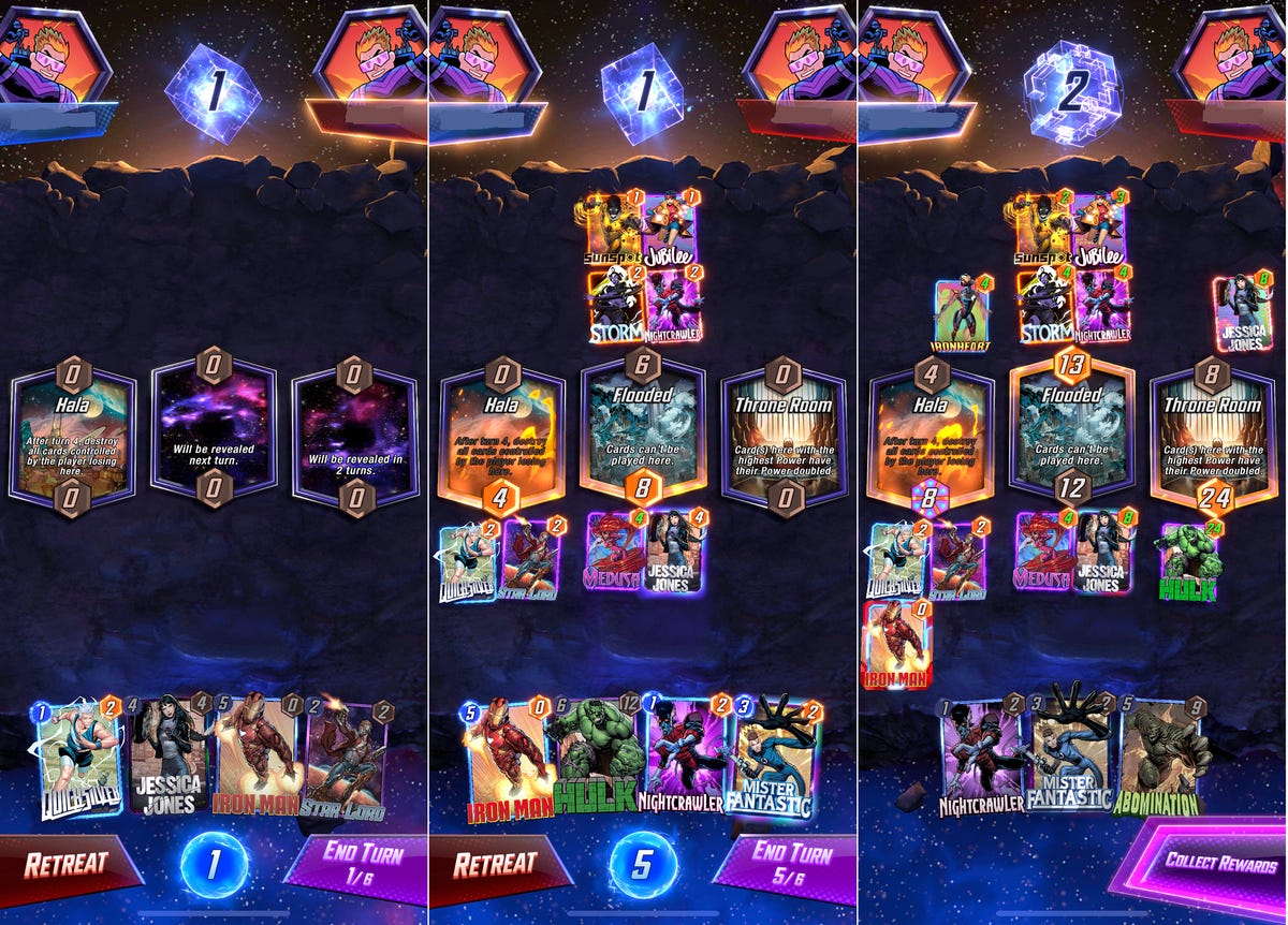 A trio of screenshots showing the beginning, middle and end of a match.