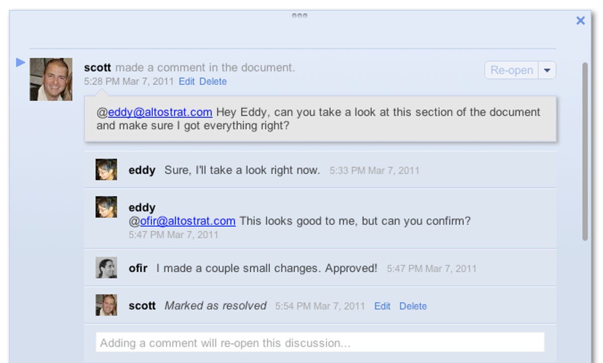 Google Docs lets you address particular comments to people. They're notified of comments by e-mail.