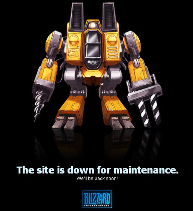 A yellow SCV unit warns you that the site is down for maintenance