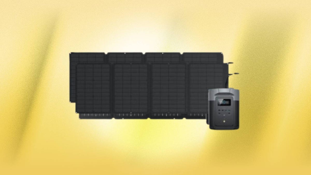 The Ecoflow Delta 2 Max portable power station and two solar panels are displayed against a yellow background.