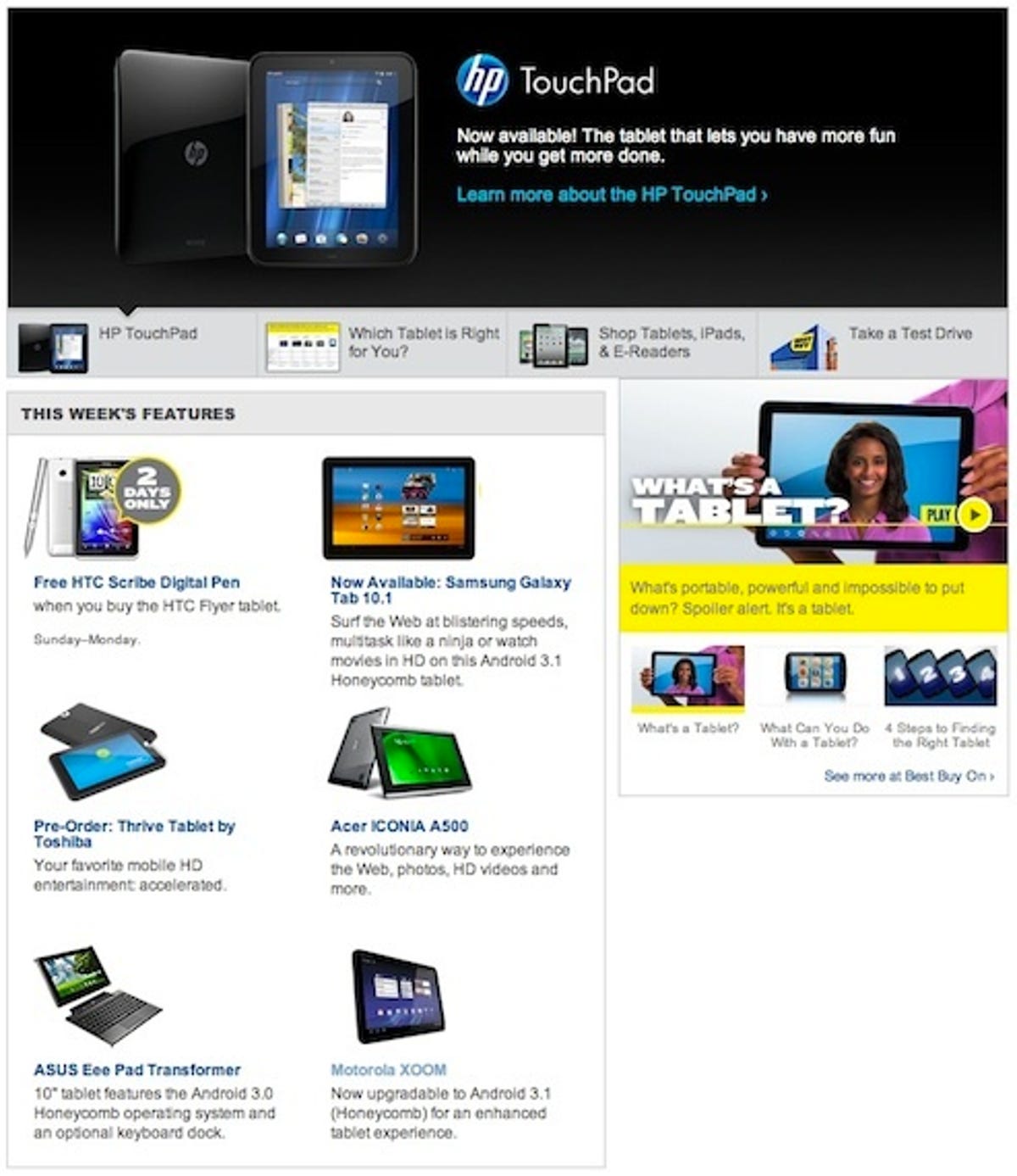 Best Buy's online home page for tablets. Mirroring its physical stores, Best Buy is now emphasizing tablet brands beyond the iPad.