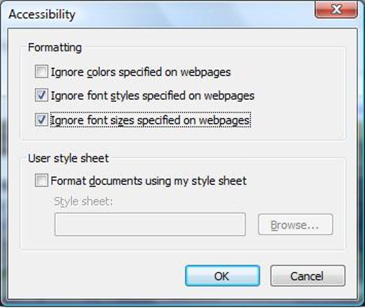 Internet Explorer 8 Accessibility options