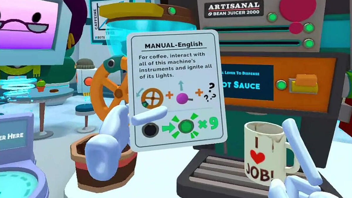 Floating hands grabbing a card in a coffee shop in a VR video game