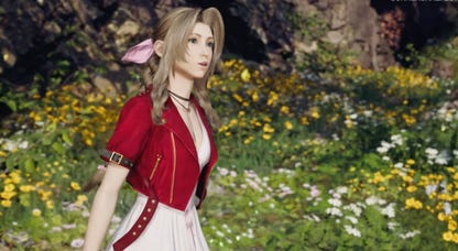 aeris from final fantasy vii looking to the side surprised