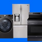 An oven, washing machine and refrigerator against a blue background.