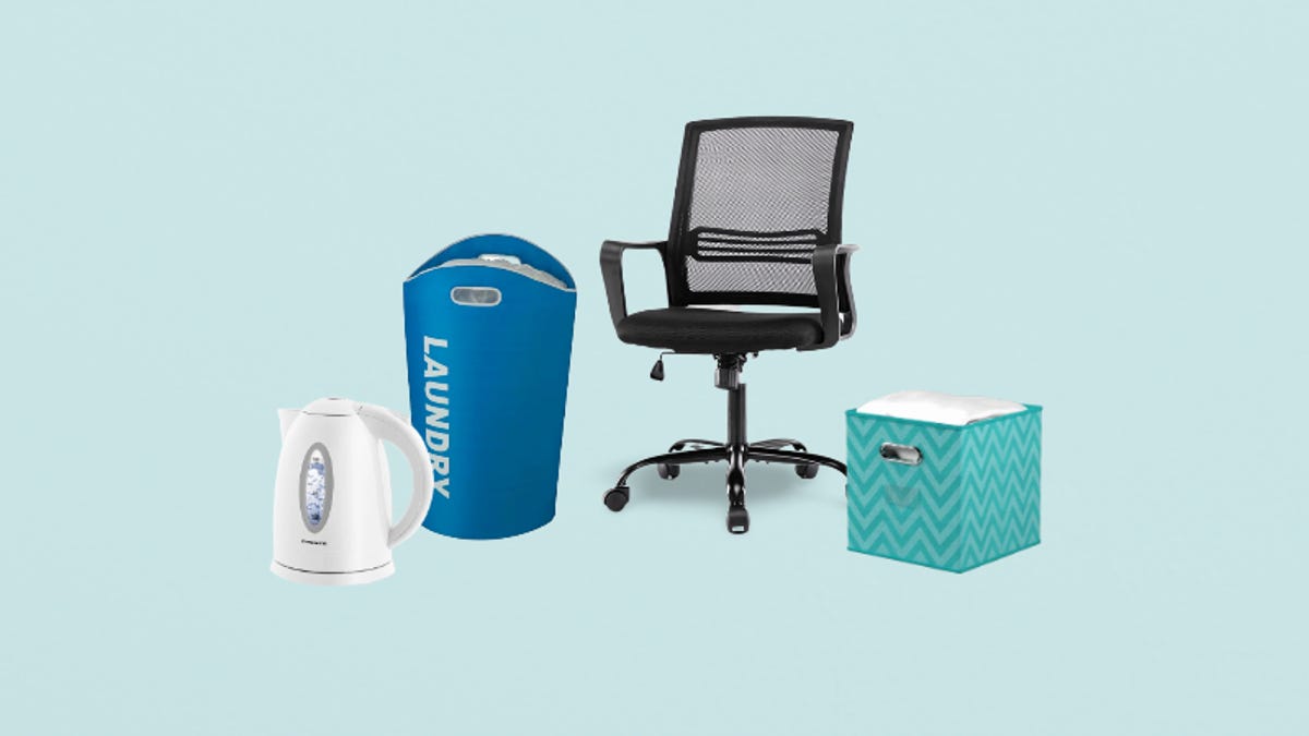 Wayfair electric kettle, laundry hamper, desk chair, and storage box