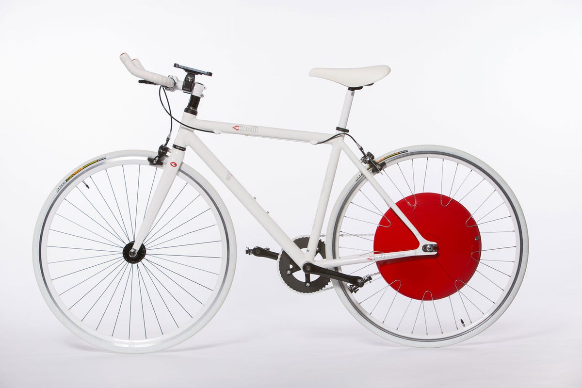 The Copenhagen Wheel is shown here on a bike with a single rear gear, but it's also available for multi-speed bikes that change gears with a rear derailleur.
