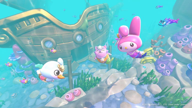 Characters from Hello Kitty underwater with a sunken ship behind them