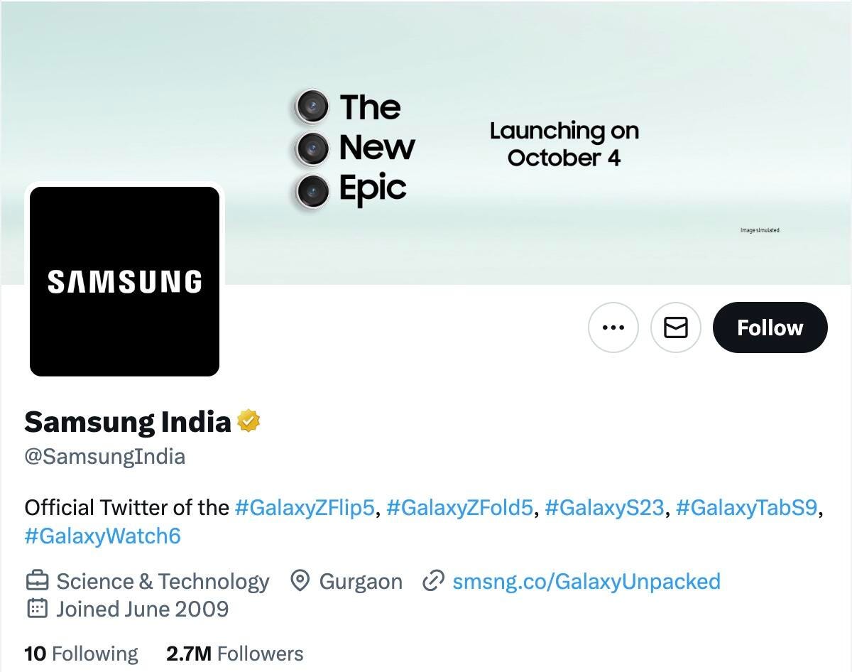 screenshot of Samsung India's Twitter/X header. Green background with text and camera lenses