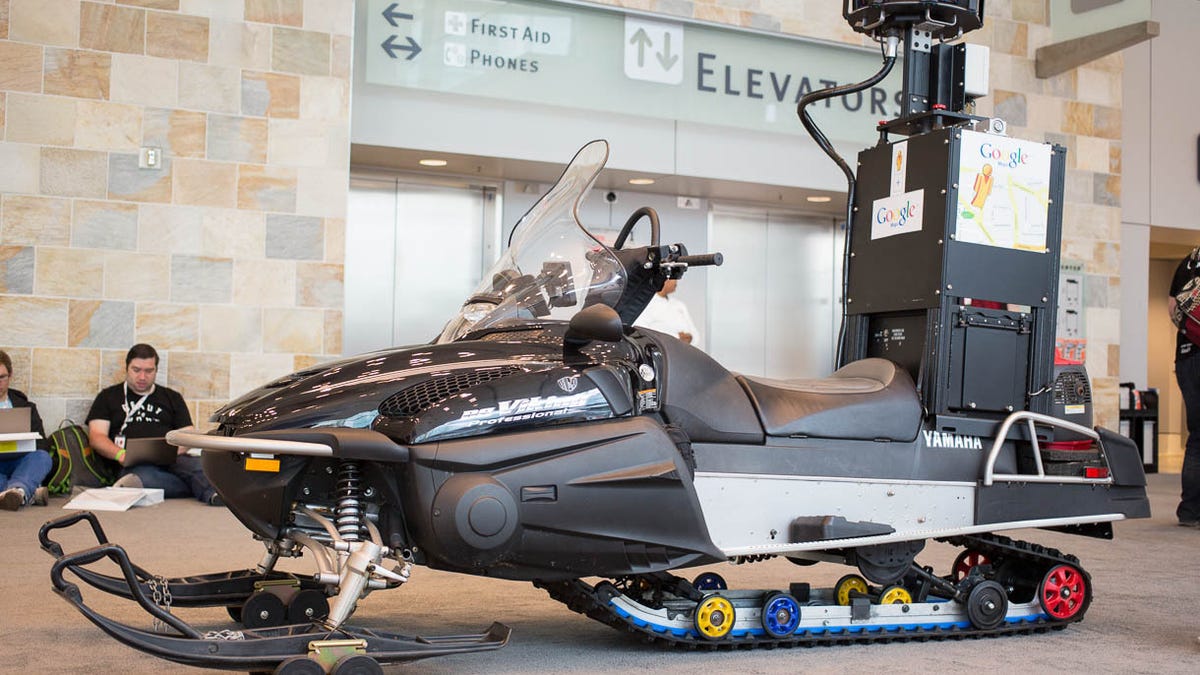 The Street View snowmobile is used to map ski areas. Google had to adapt the technology to keep hard drives warm enough. Google showed the Street View technology at its Google I/O 2013 show developer in San Francisco.