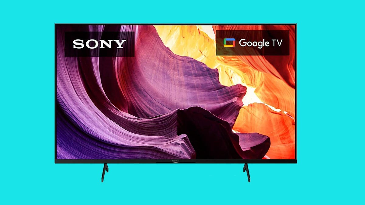 A Sony X80K TV with the Sony and Google TV logos on the screen against a light blue background.