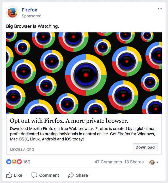 Mozilla is trying to get people to use Firefox to protect their privacy, taking a potshot at Google Chrome in this ad on Facebook.