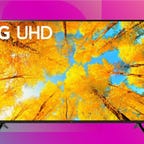 The LG 65-inch UQ75 Series LED 4K webOS TV is displayed against a gradient magenta background.
