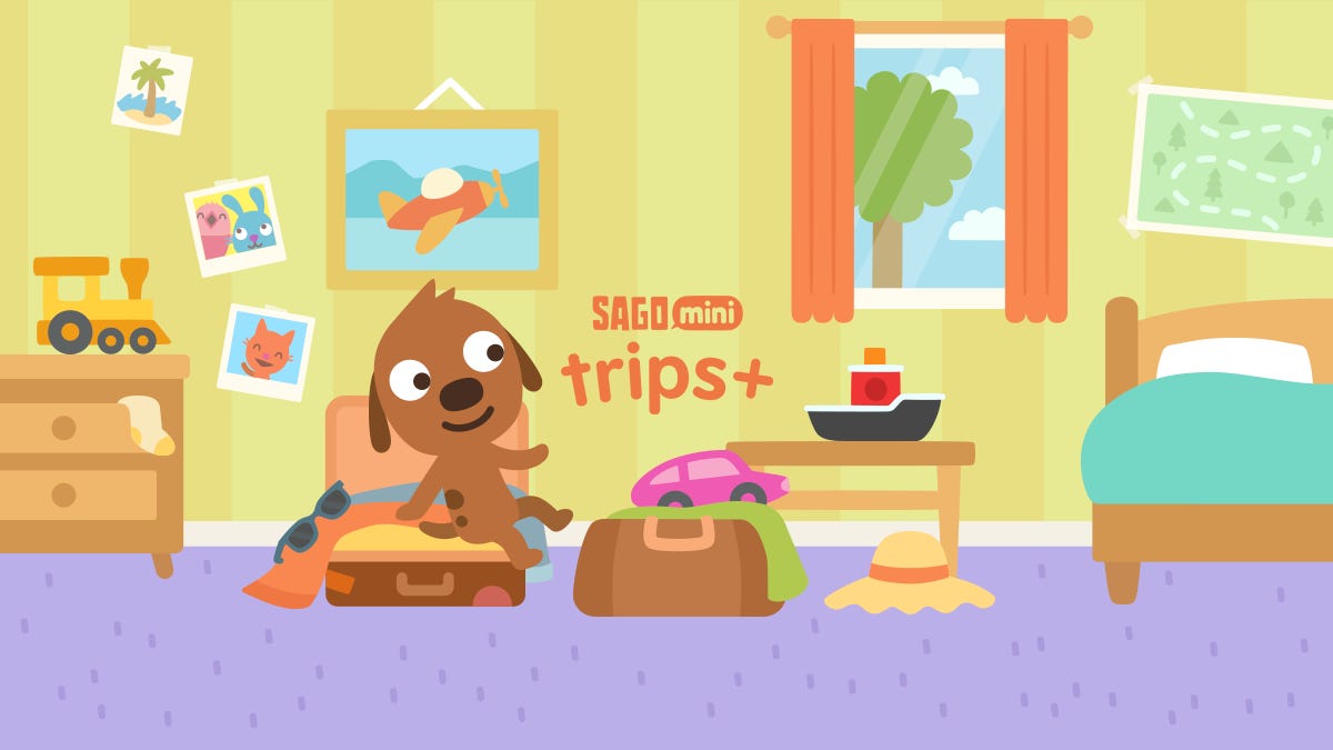 Obra de arte de Sago Mini Trips que muestra a un perro haciendo las maletas para un viaje.