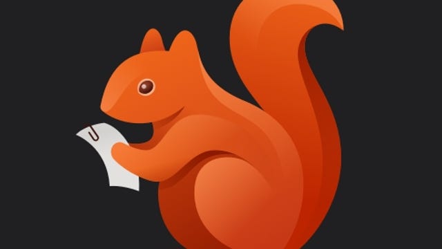 illustration of a red squirrel holding a paper against a black background