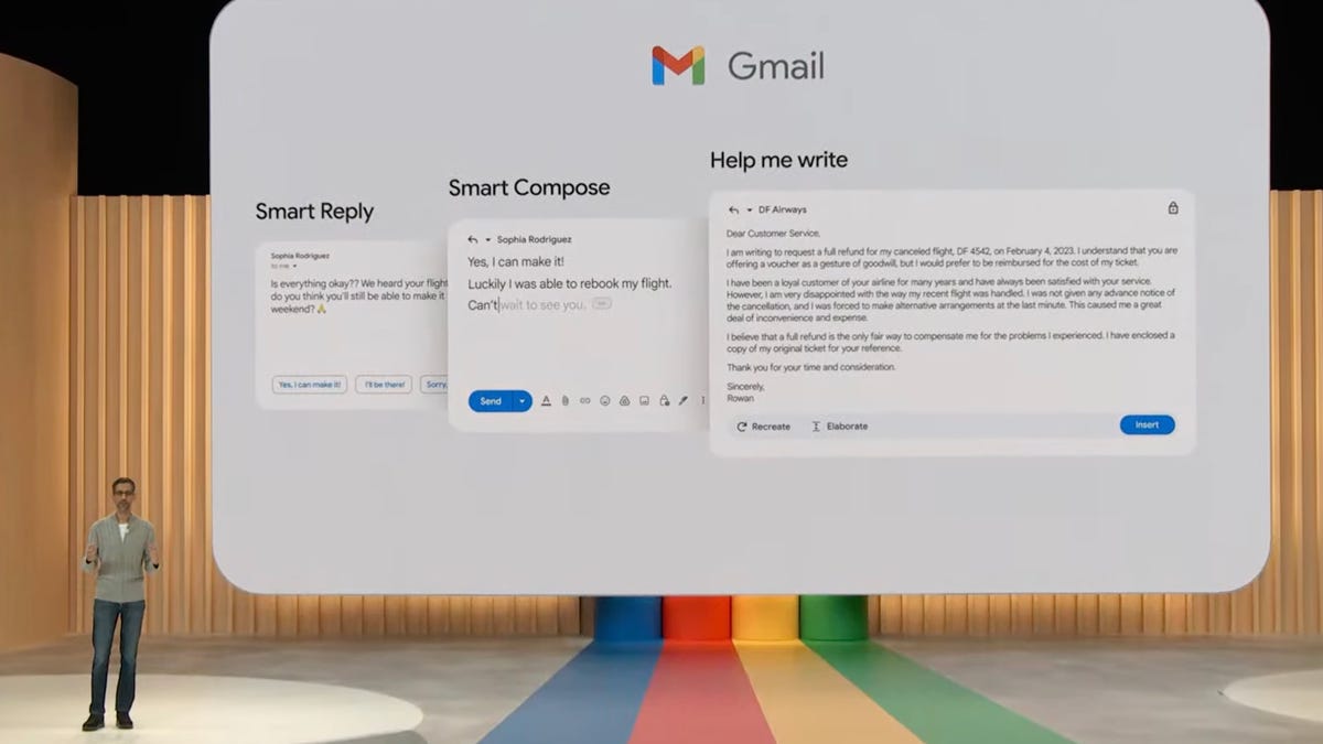 Google CEO Sundar Pichai speaking at Google IO about updates to Gmail